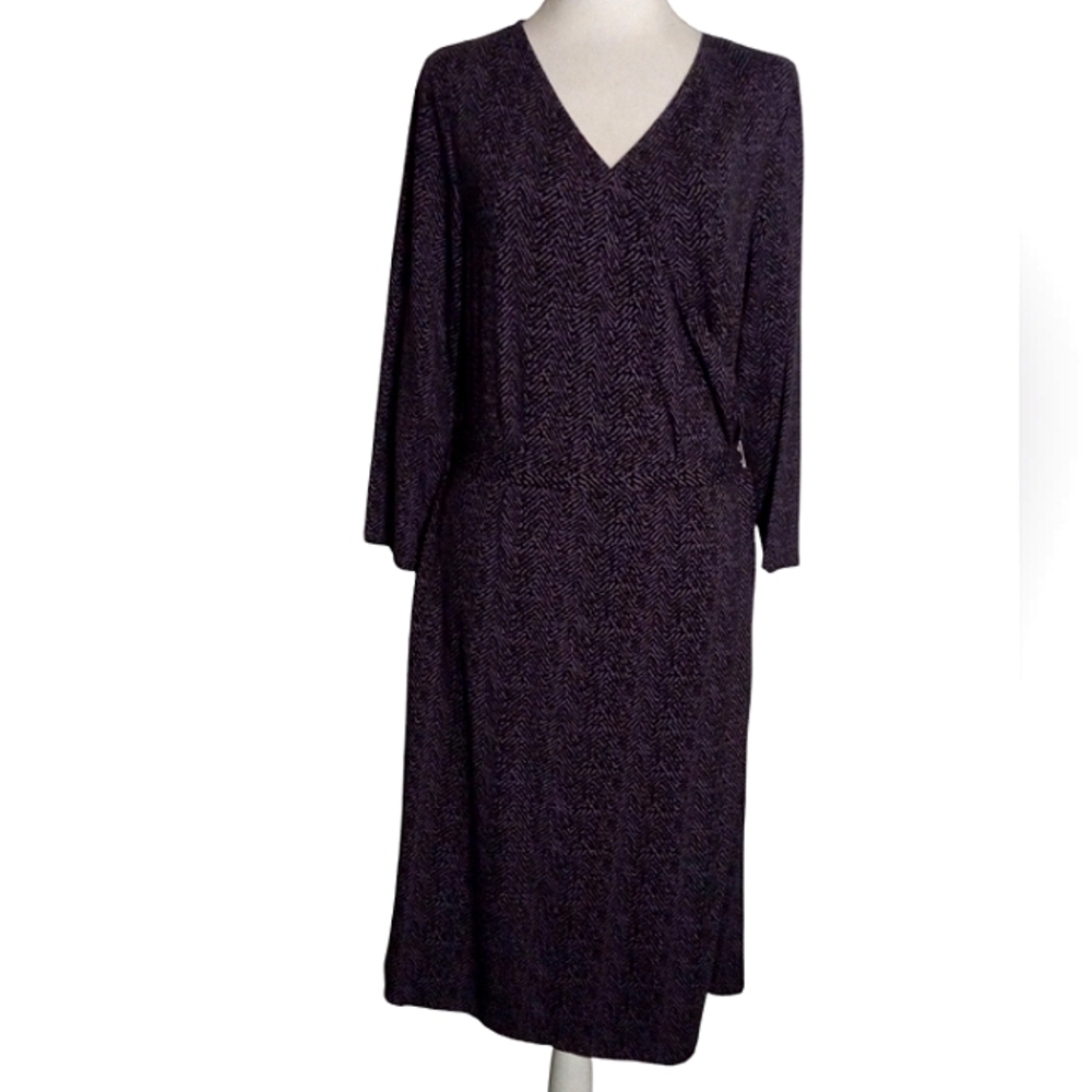 Talbot's Purple Black Geometric Jersey Knit Tie Waist Midi Dress Size Large